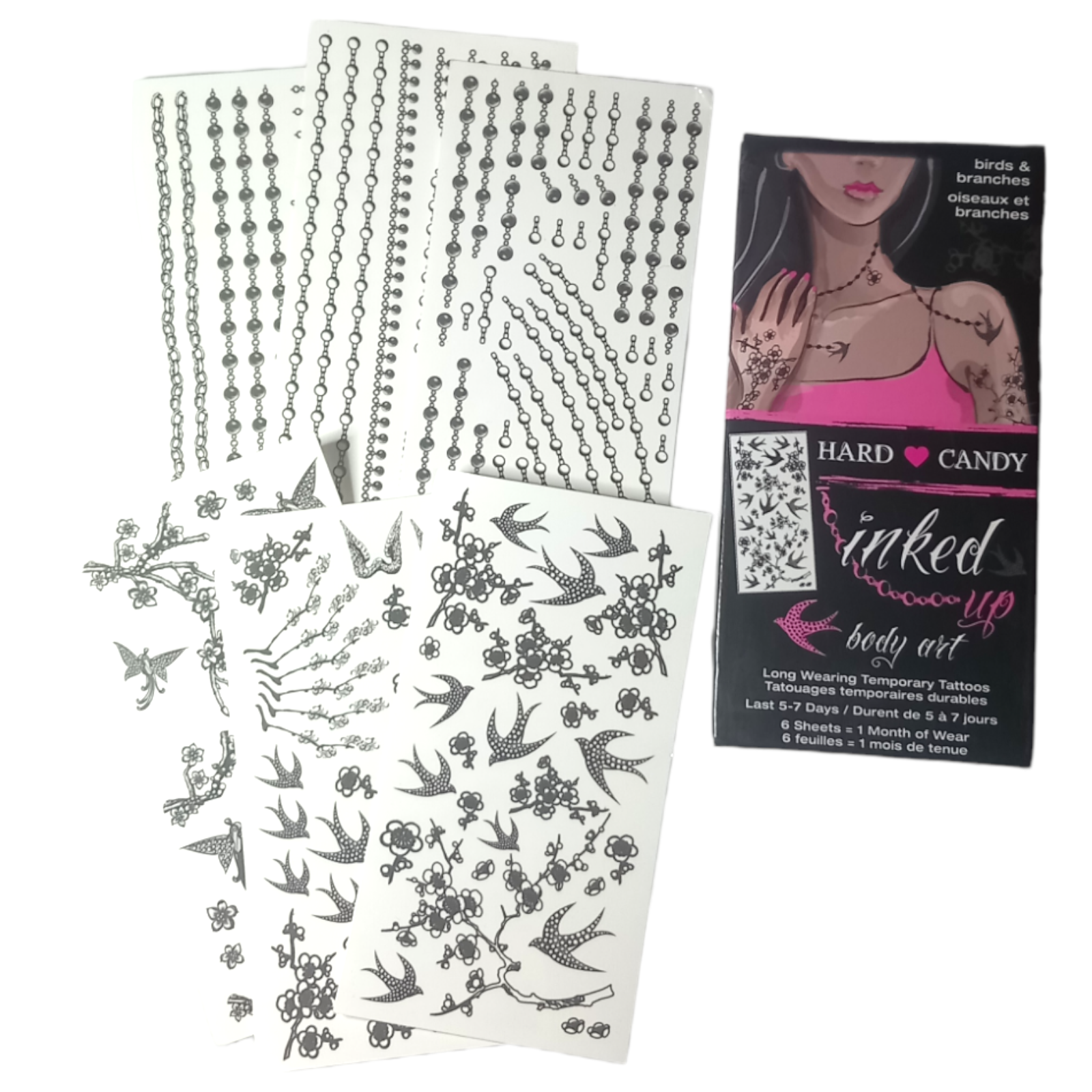 Hard Candy Temp Tattoos Birds Branches Inked Up Body Art Long Wearing Black Rub