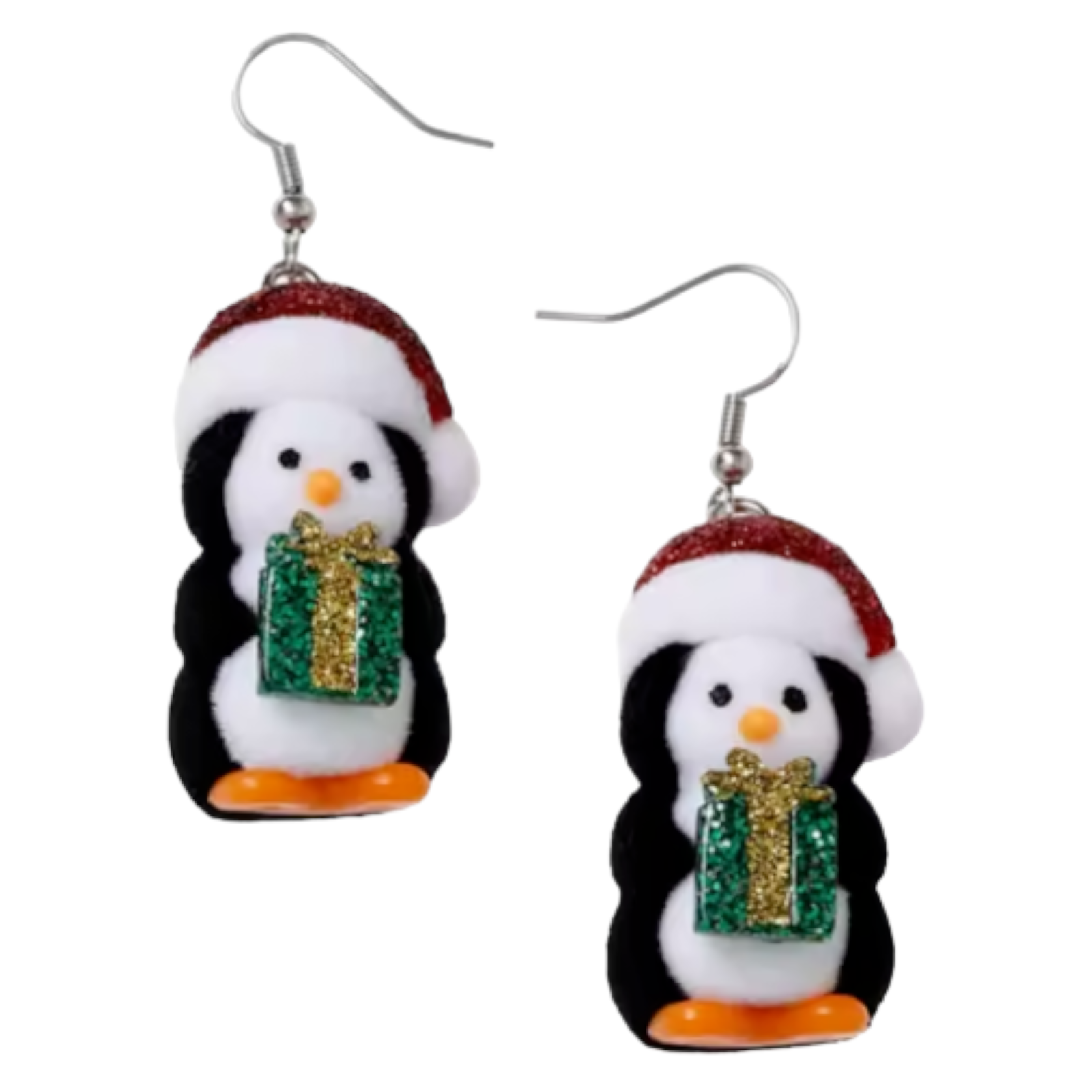 Penguin Earrings - Novelty - Merry Christmas - Present Flock Drop Hat Jewellery Hook