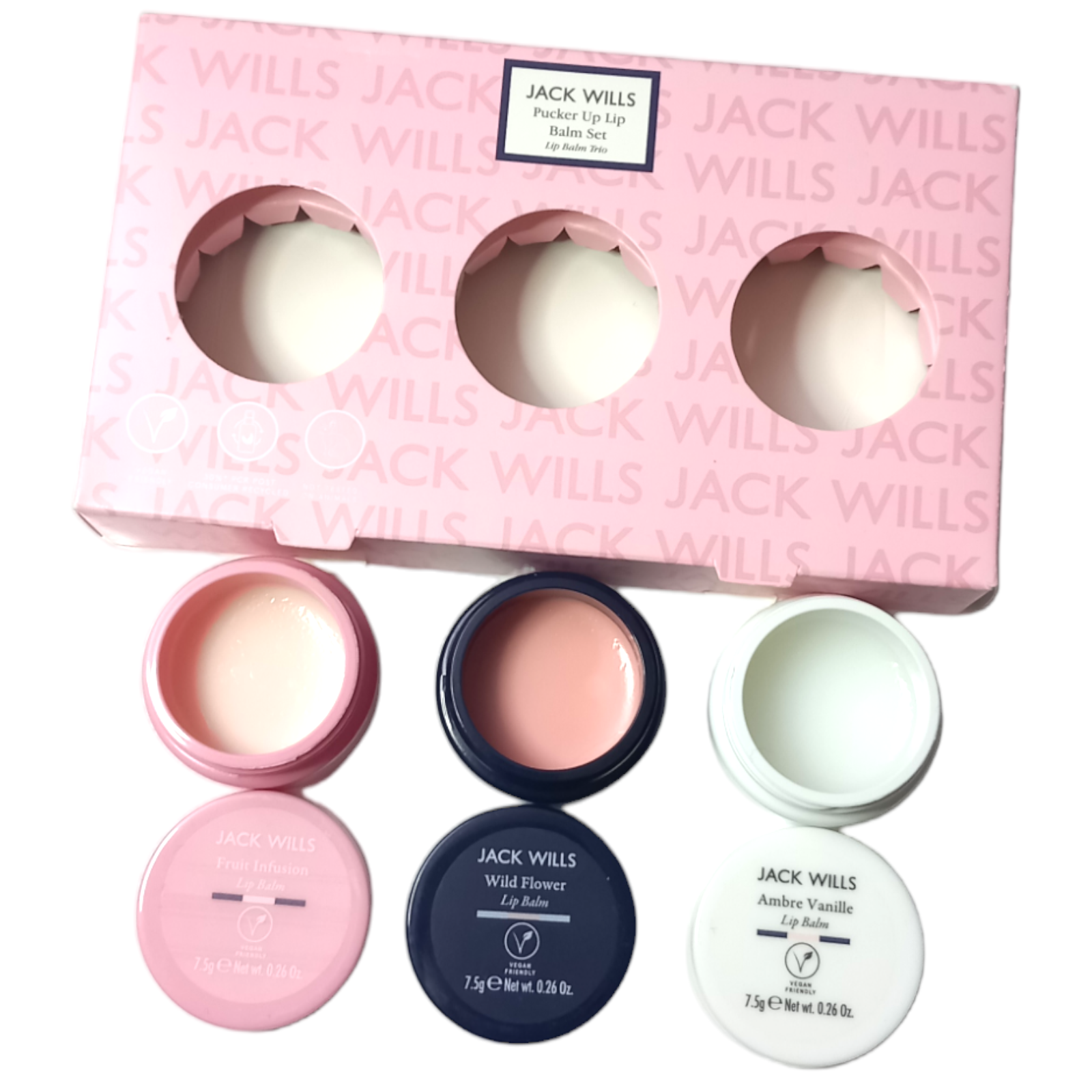 Jack Wills Lip Balm Trio Set 3x7.5g Pucker Up Make-up Cosmetics Scented Lips
