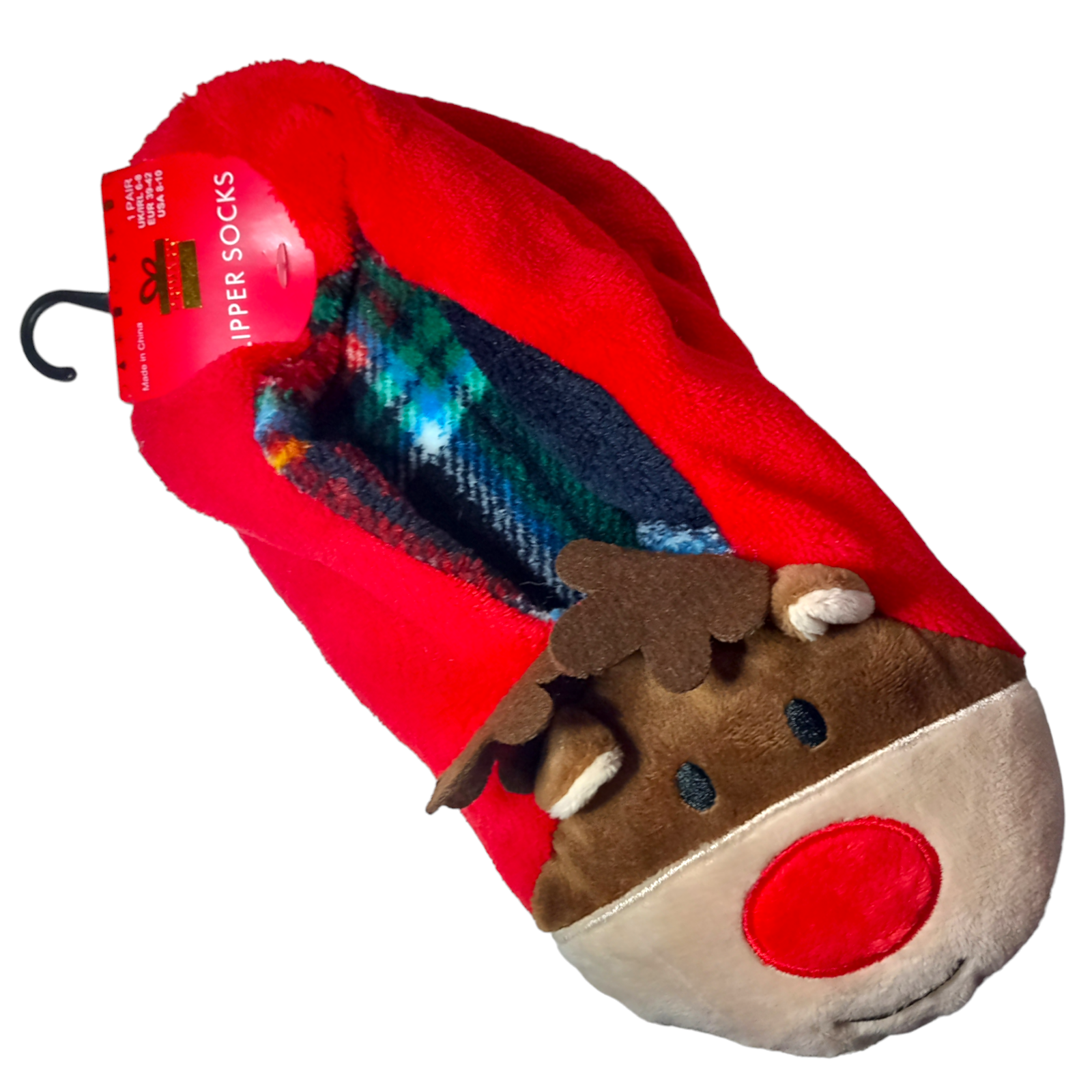 Reindeer Slipper Socks Red Size 6-8 Women Ladies Tartan Soft Polyester Flat Shoe