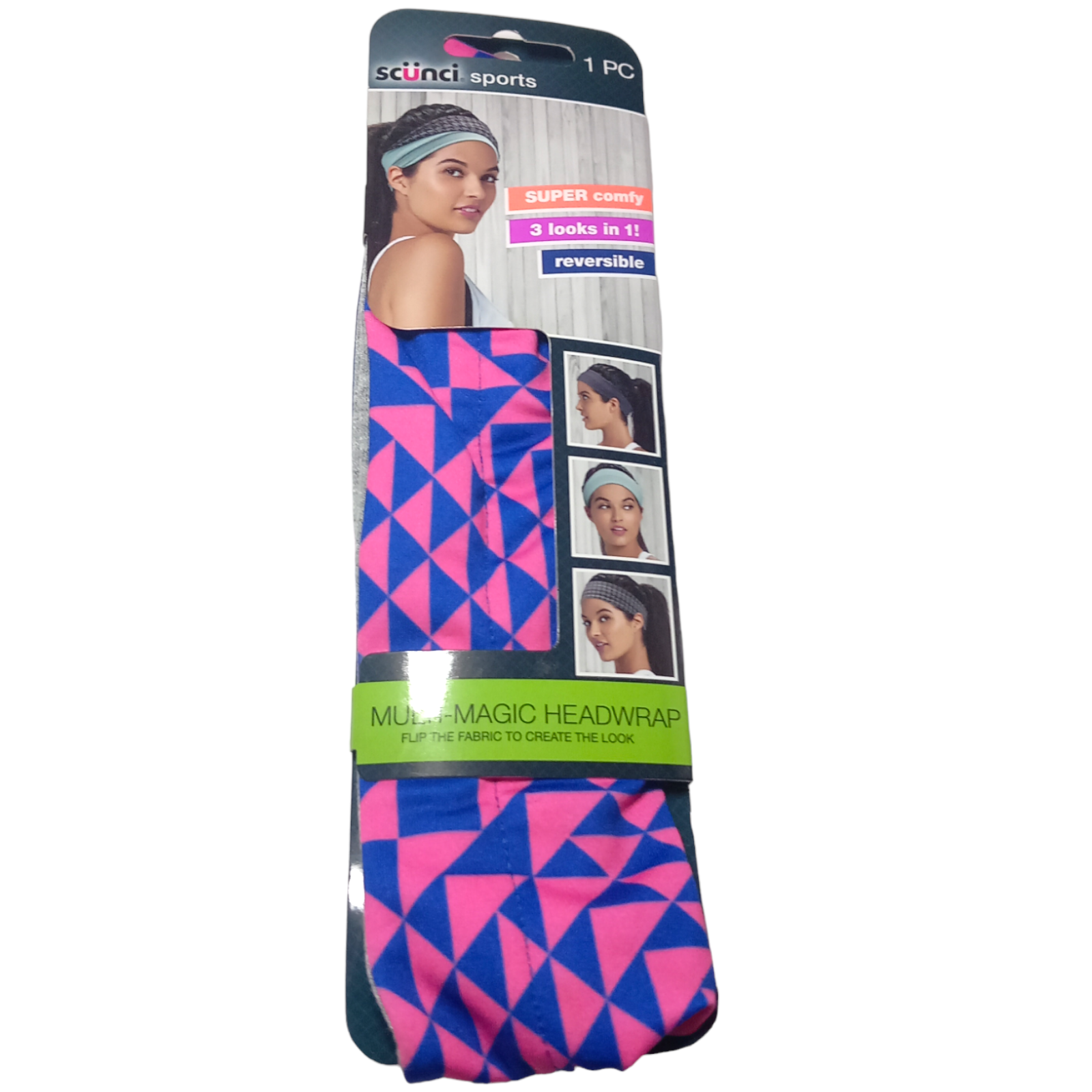 Scunci Sports Headwrap 1pc Pink Blue Multi-Magic Reversible Hair Band 3-in-1