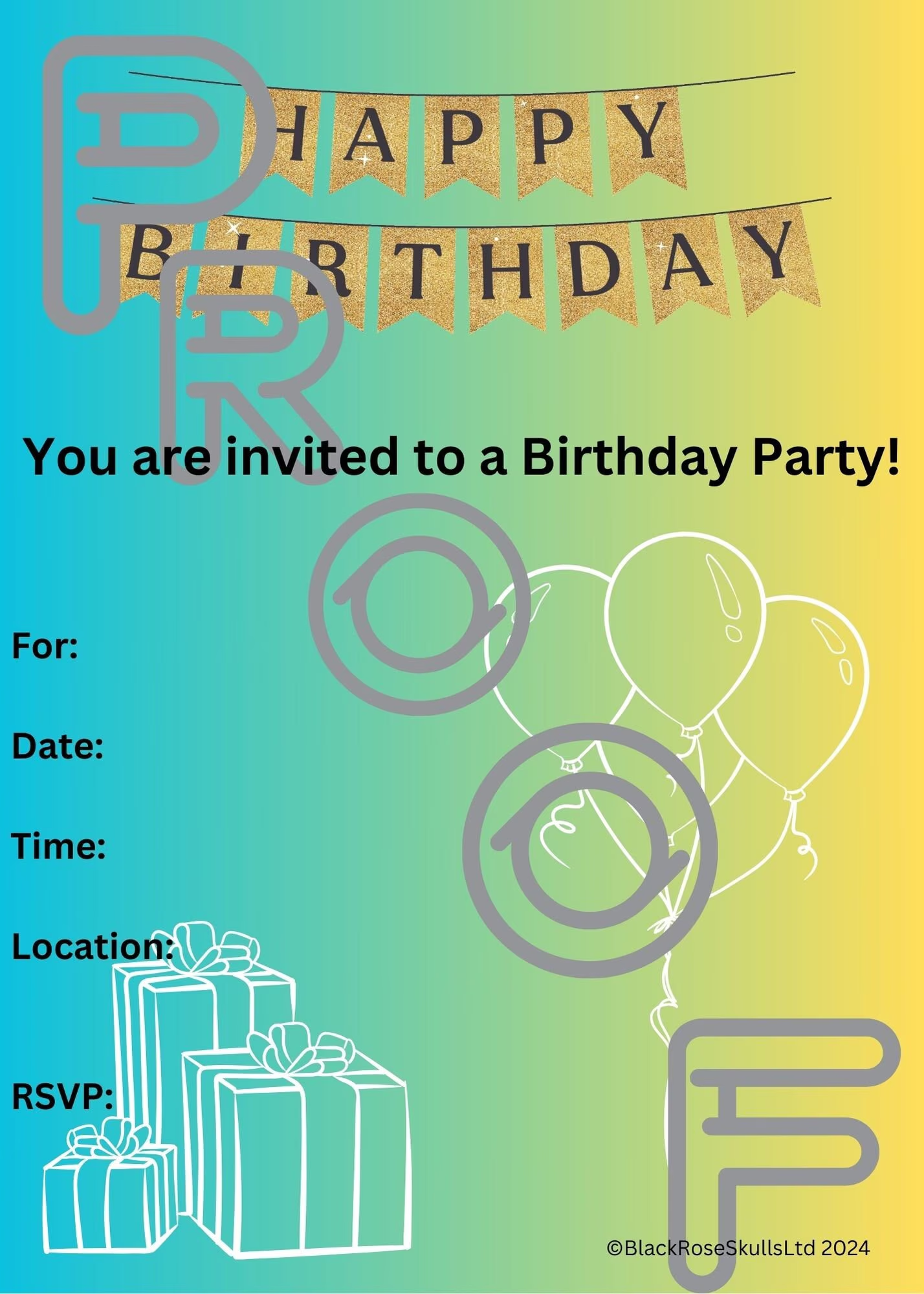 Birthday Party Invitation: Simple Design (PDF Digital Download) - Aqua Blue/Yellow Gradient