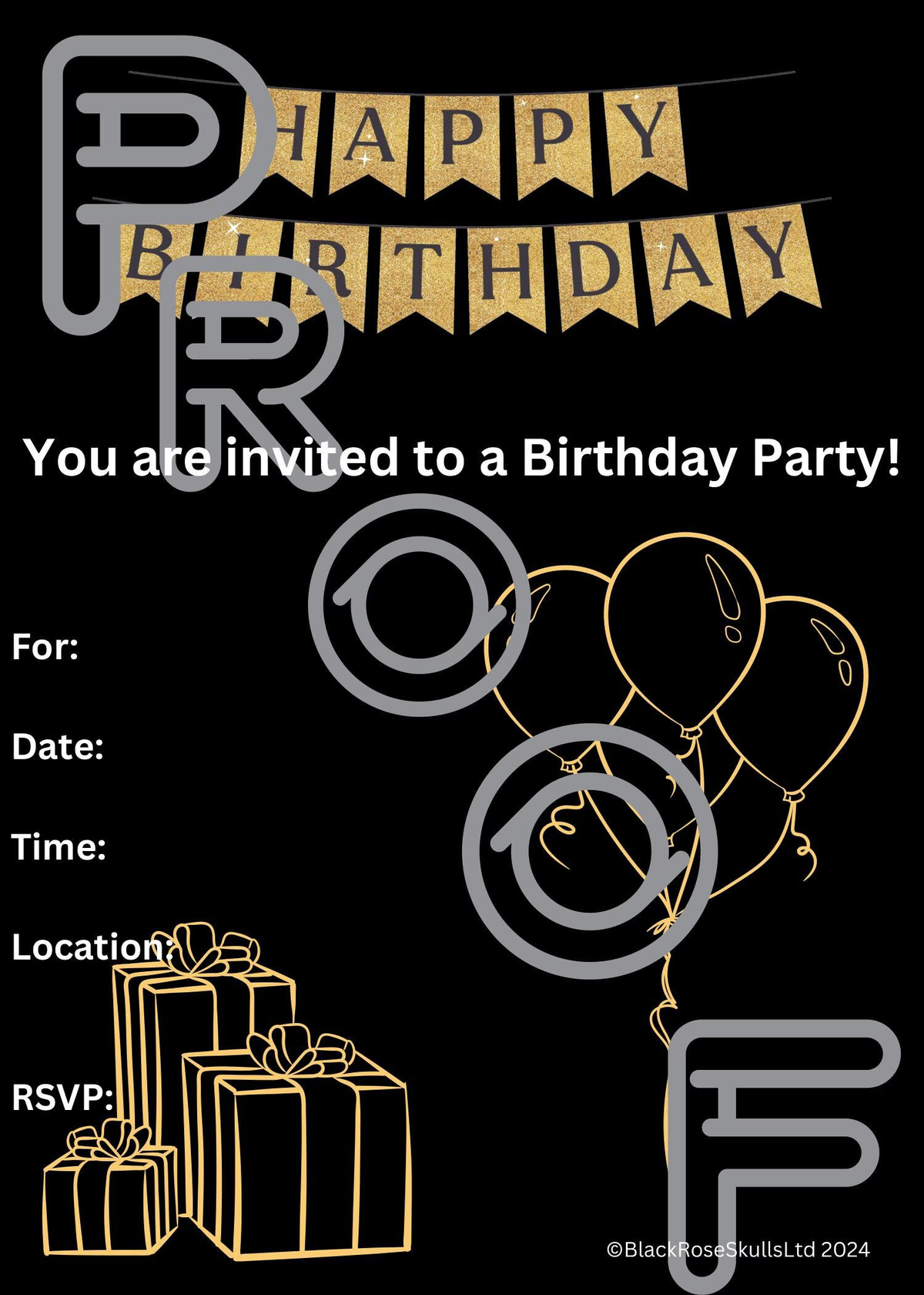 Black & Gold Birthday Party Invitation: Simple Fill-In PDF (Digital Download)