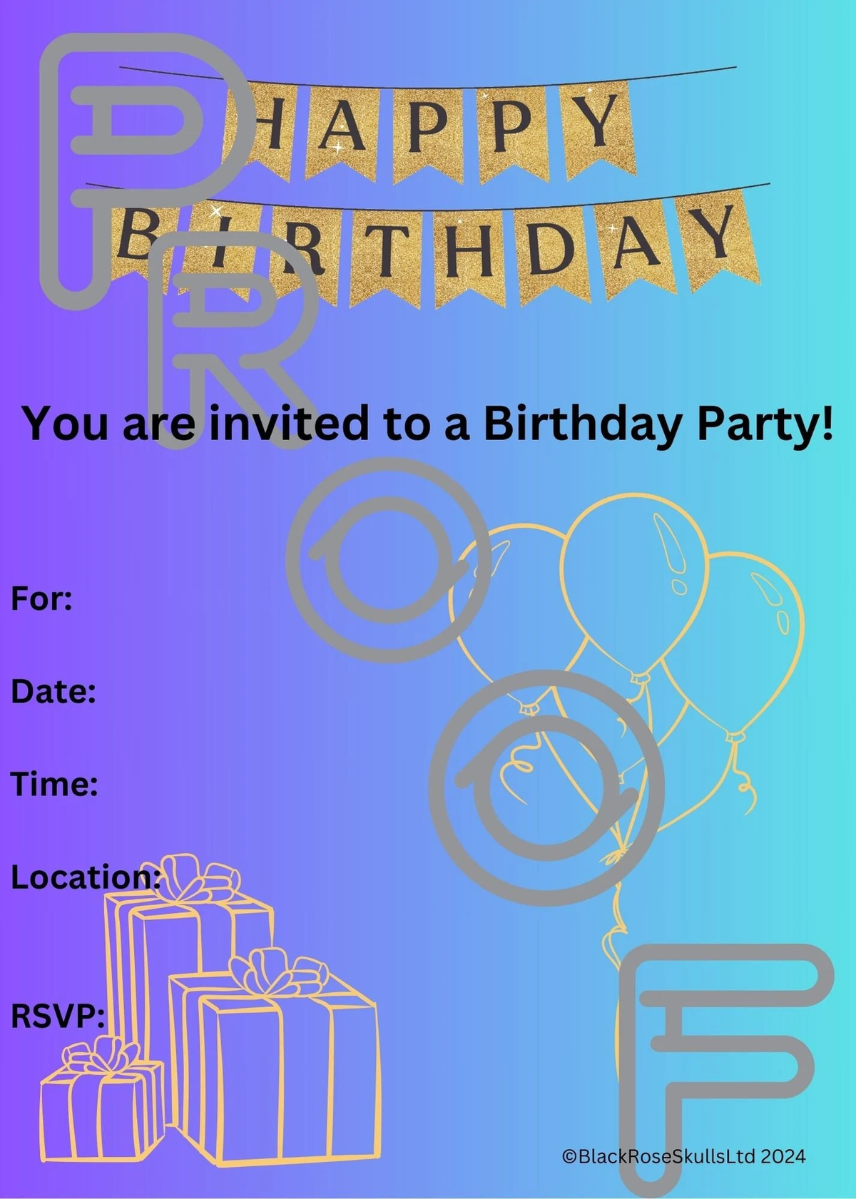 Reusable Birthday Party Invitation: Gold, Purple, Blue - Gradient Fade (PDF Digital Download)