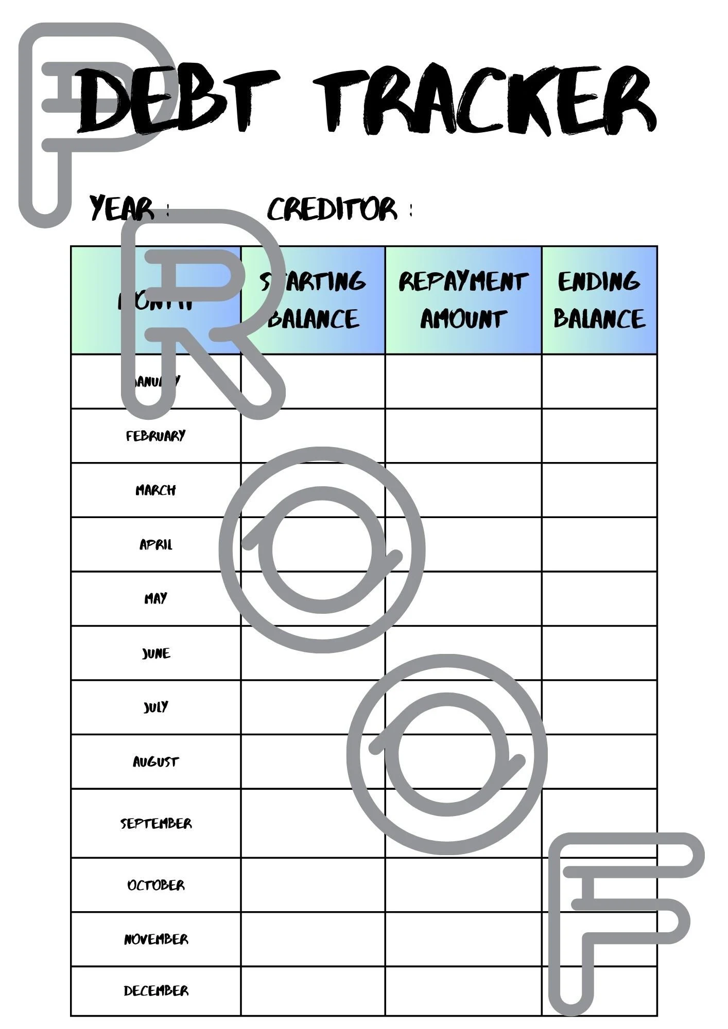 Debt Tracker Printable: Yearly Monthly Repayment Planner (PDF Download) - Design 1