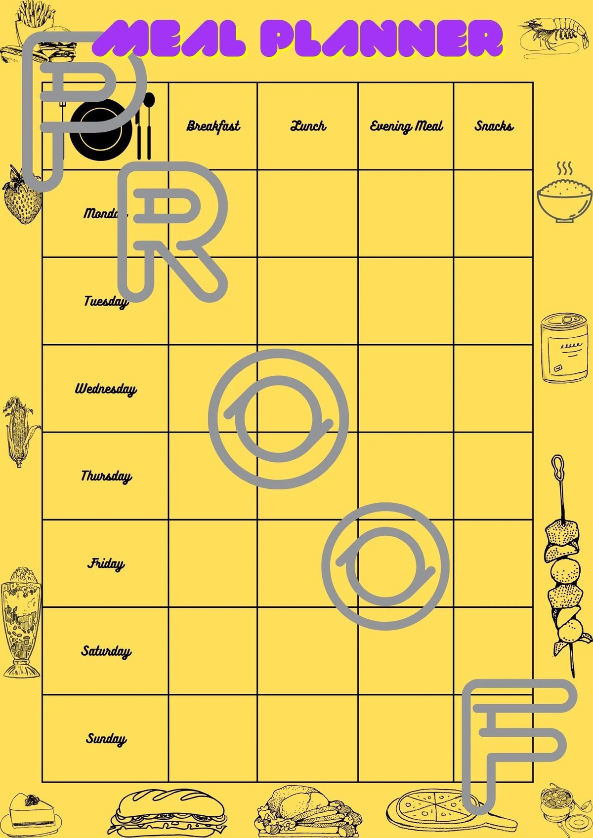 Weekly Meal Planner: Simple Yellow Printable Template (PDF Digital Download)
