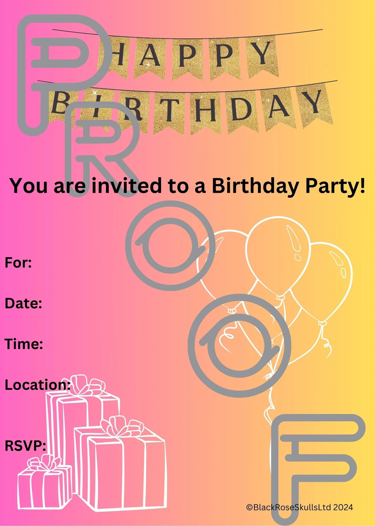 Reusable Birthday Party Invitation: Simple Gradient Design - Pink/Orange (PDF Digital Download)