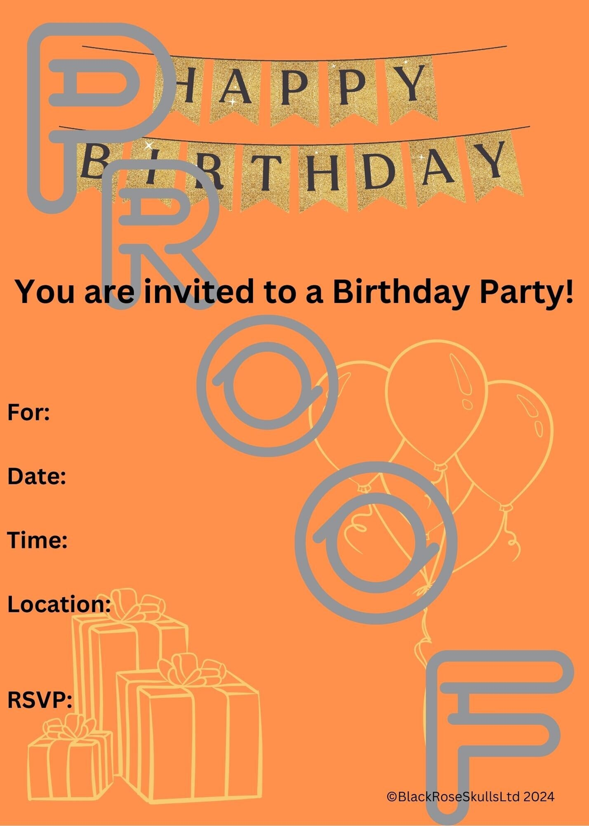 Gold & Orange Birthday Party Invitation: Simple Fill-In PDF (Digital Download)