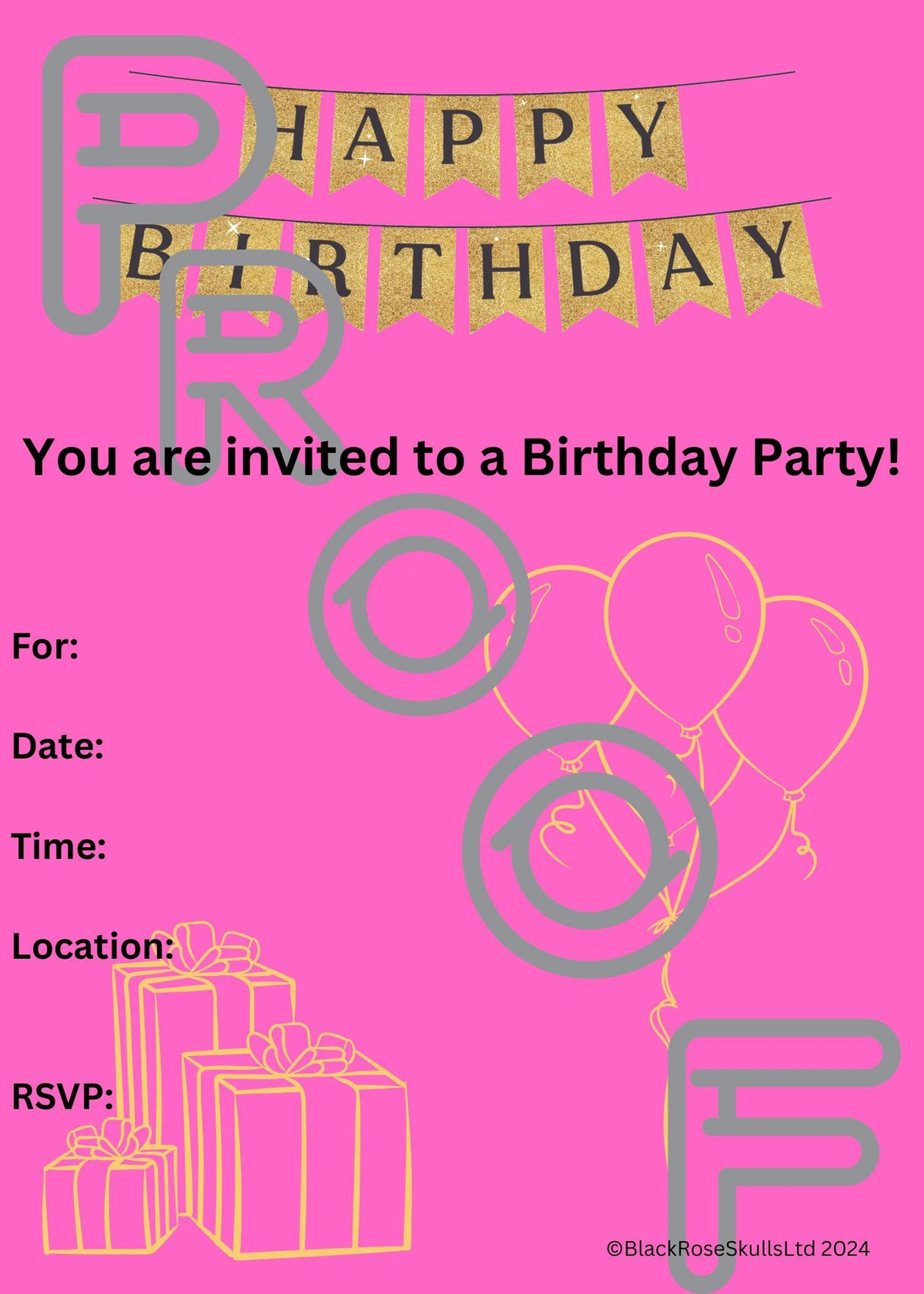 Pink & Gold Birthday Party Invitation: Simple Fill-In (PDF Digital Download)