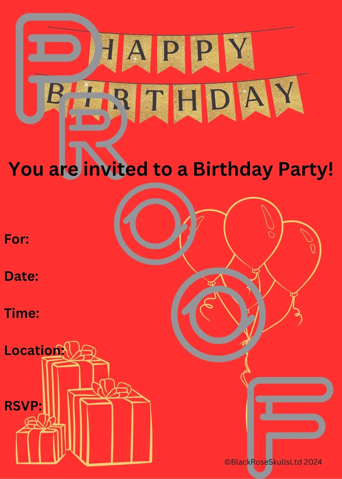 Simple Gold & Red Birthday Party Invitation (PDF Digital Download)