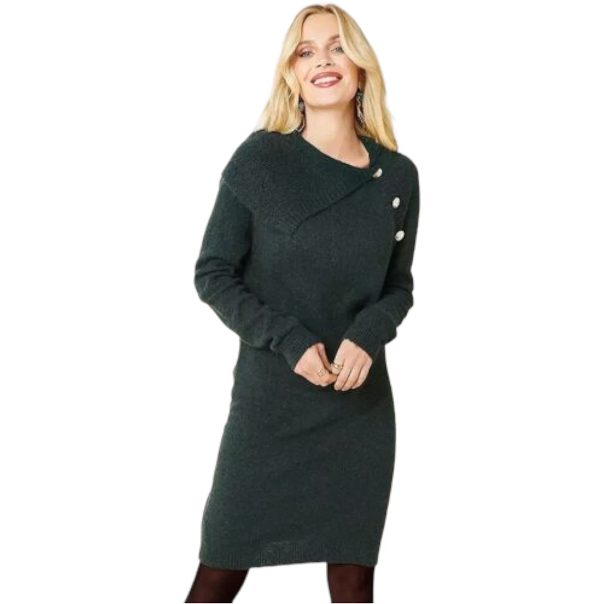 Kaleidoscope Green Shawl Neck Button Detail Dress - Size UK 20-22