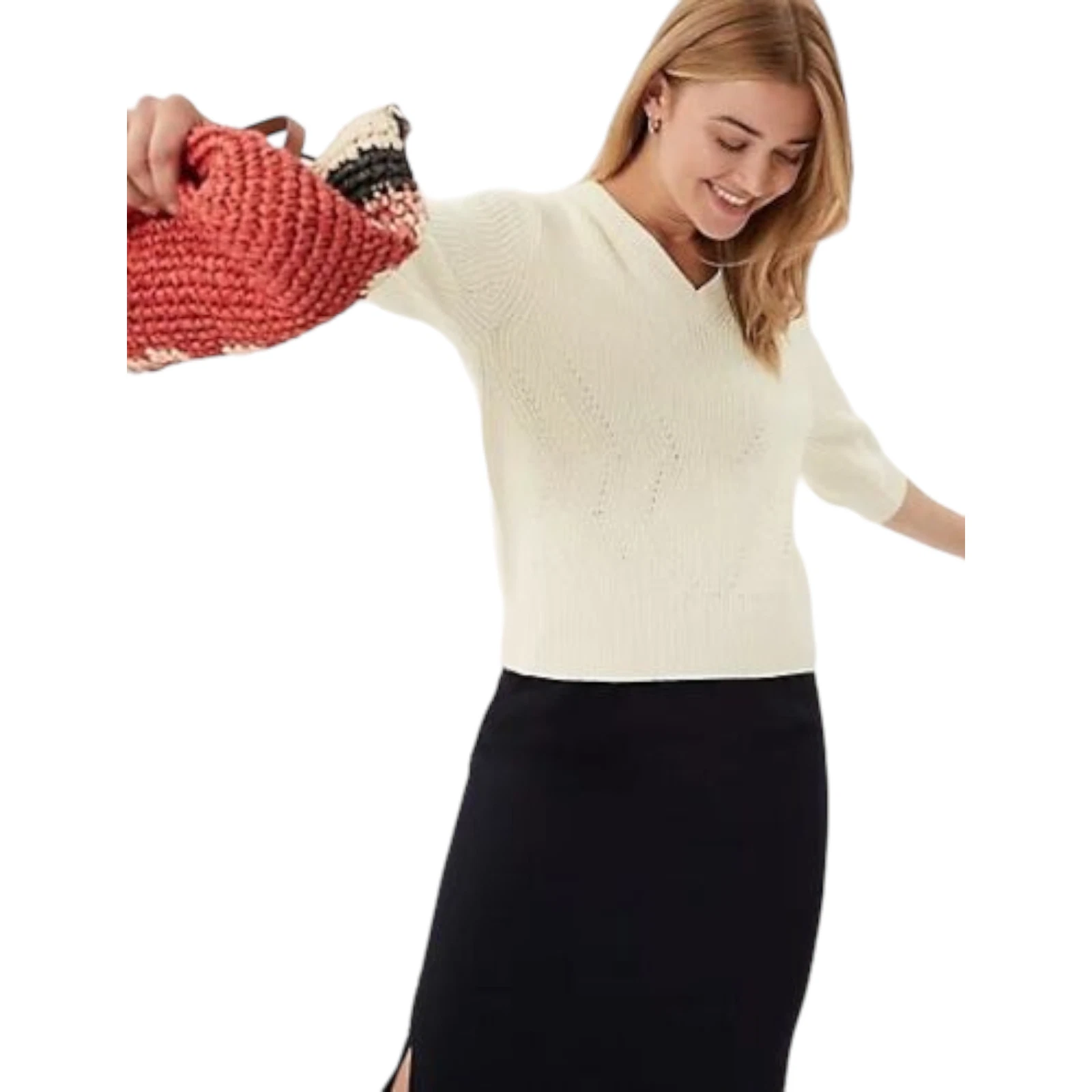 M&S Cotton Rich Textured V-Neck Knitted Top - Large - Light Cream