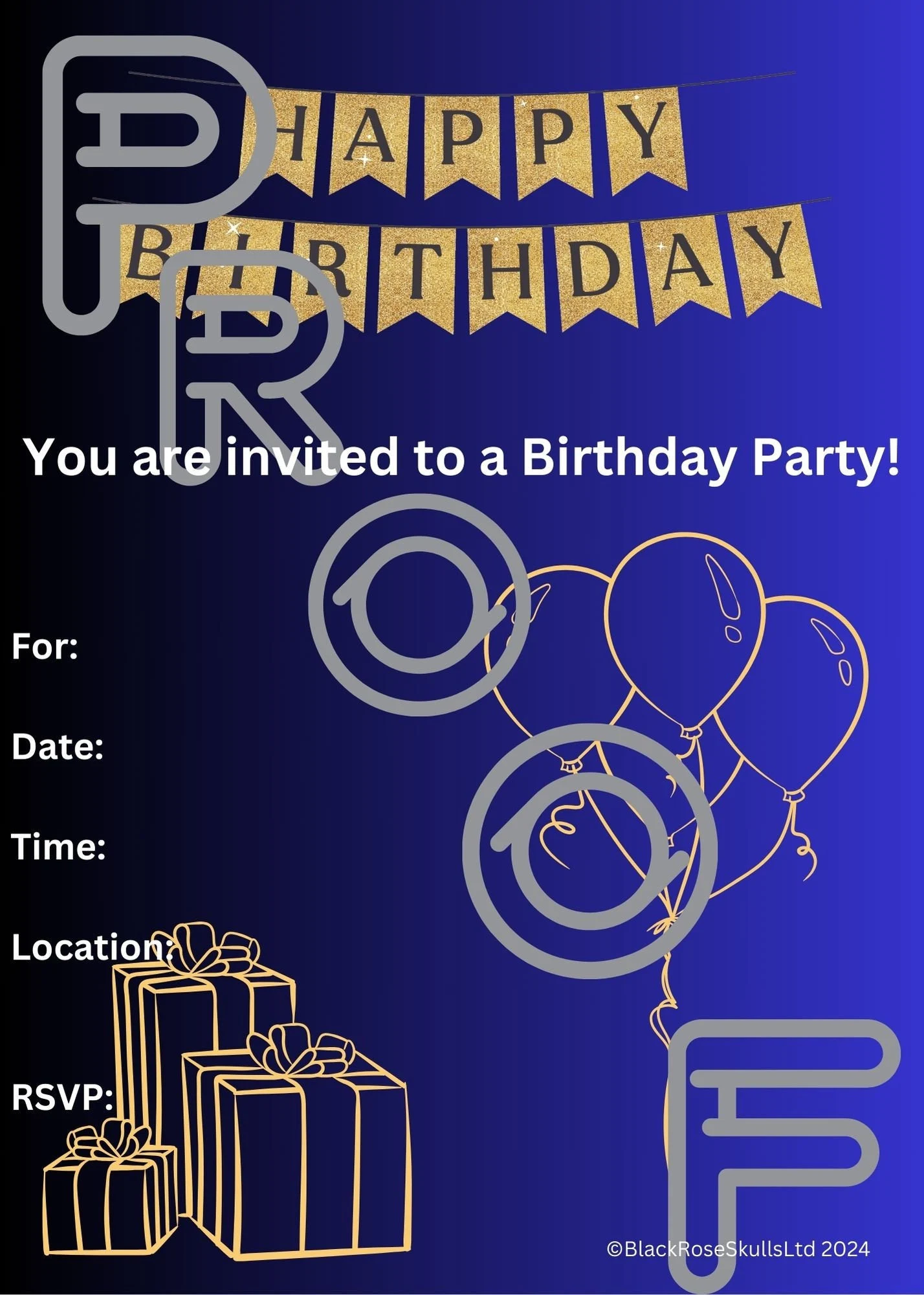 Birthday Party Invitation: Simple, Reusable (PDF Digital Download) - Black/Blue Gradient - Design 3