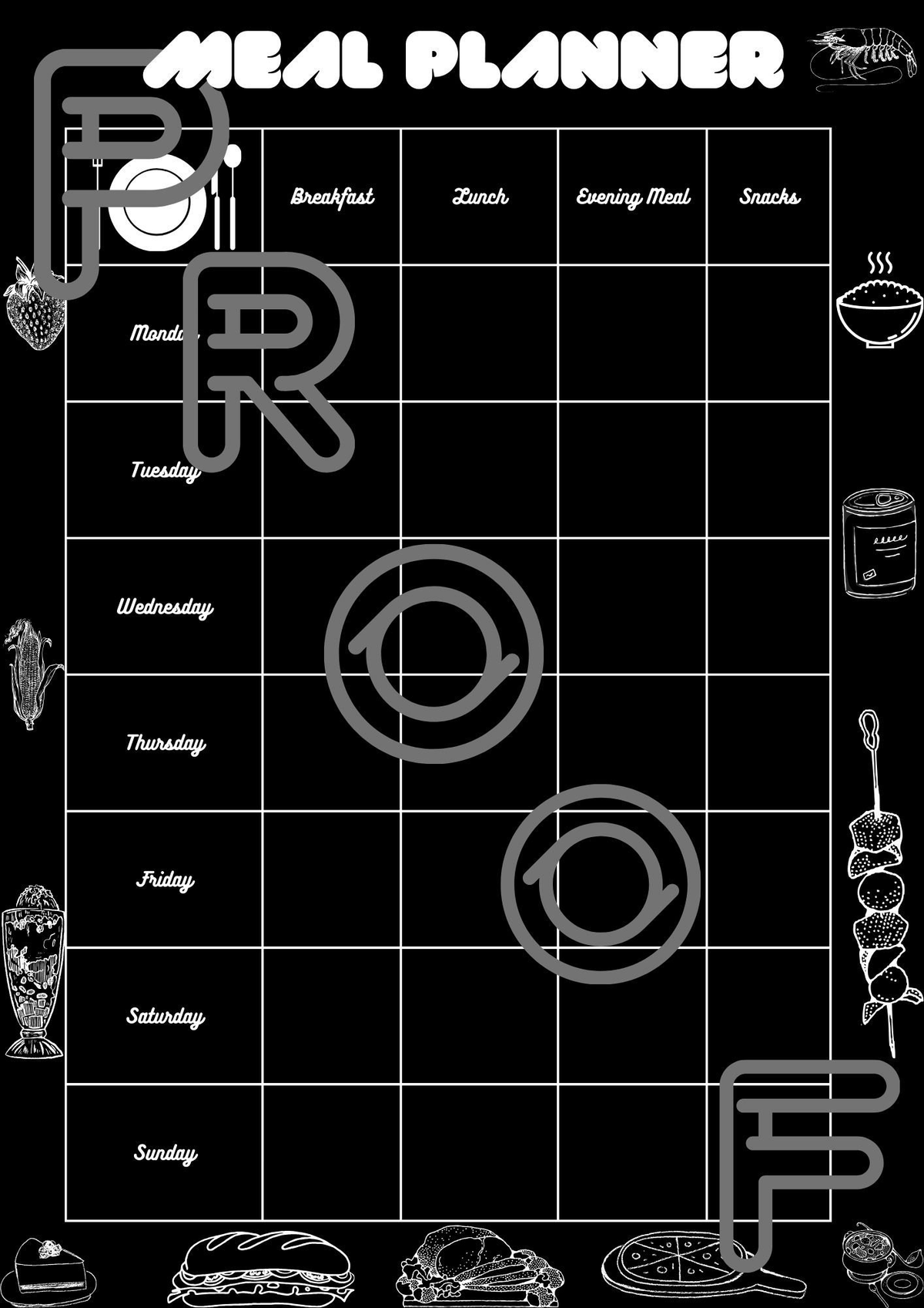 Weekly Meal Planner: Simple Black & White Printable (PDF Digital Download)