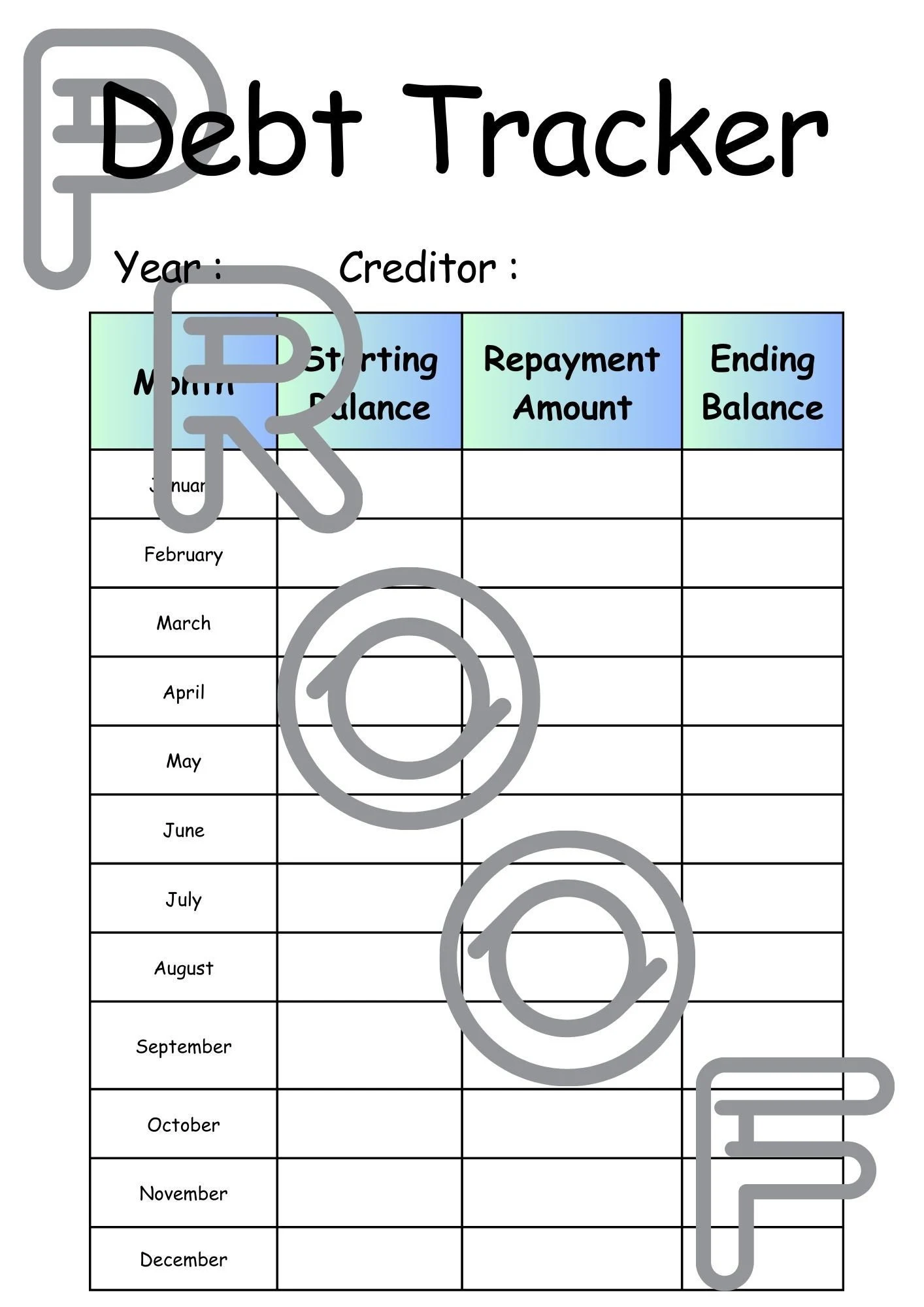 Debt Tracker Printable: Monthly Repayment Progress Record (PDF Download) - Design 2