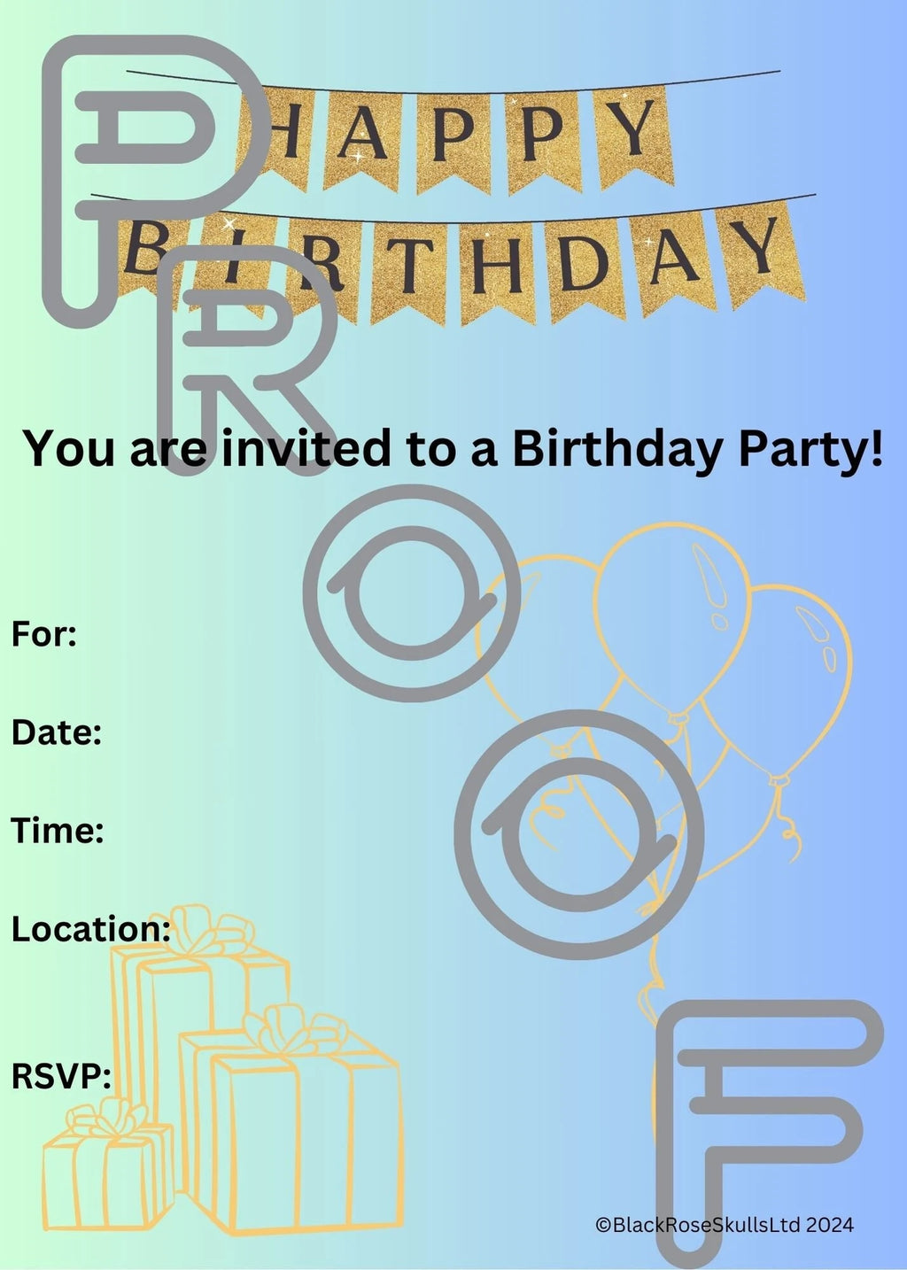 Gold & Light Blue Birthday Party Invitation (PDF Digital Download)