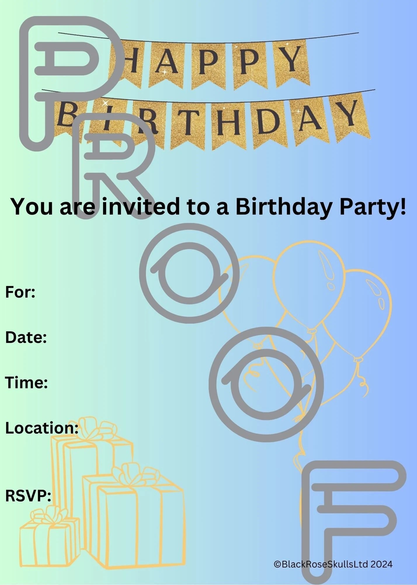 Gold & Light Blue Birthday Party Invitation (PDF Digital Download)