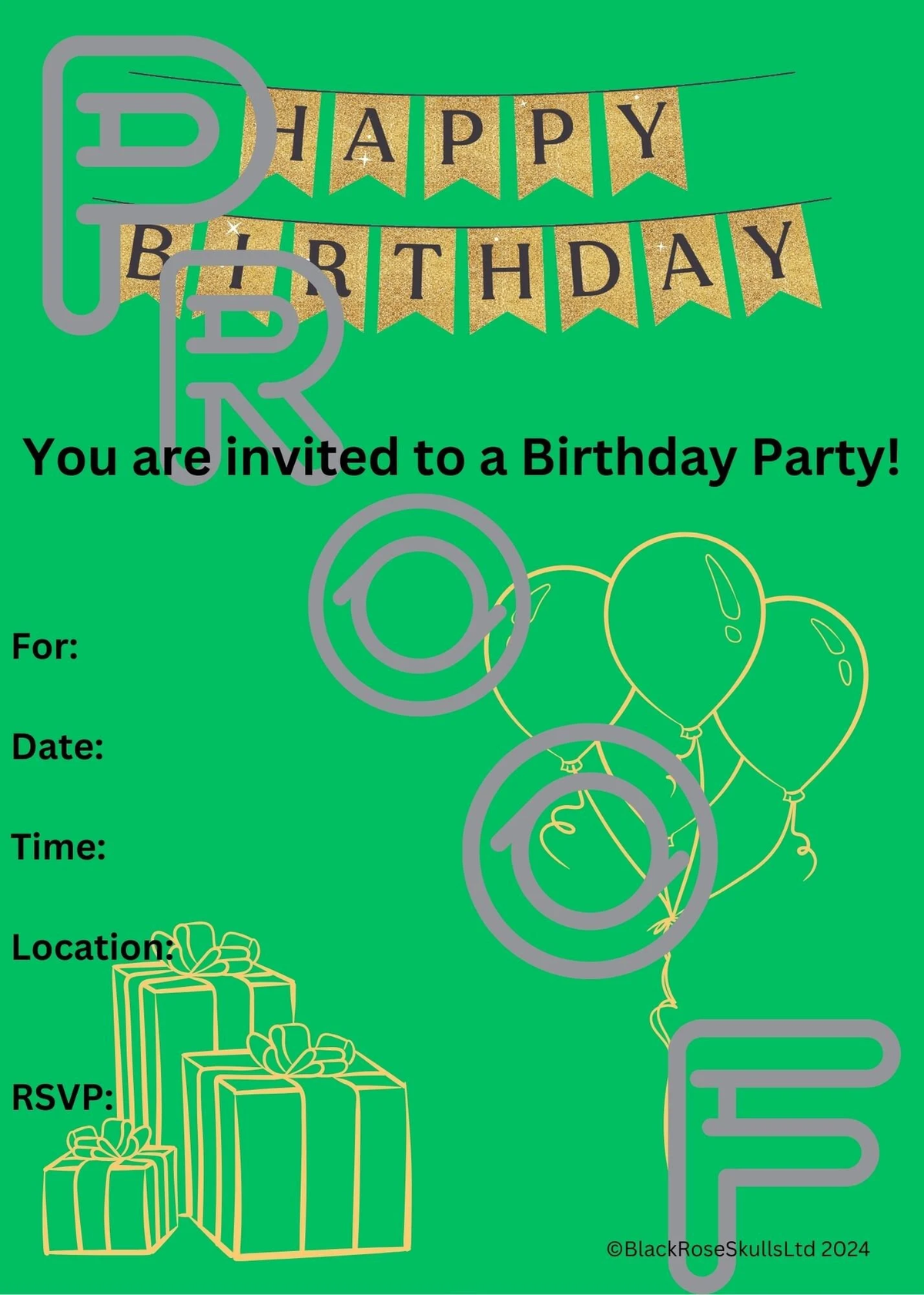 Gold & Green Birthday Party Invitation: Simple, Reusable (PDF Digital Download)