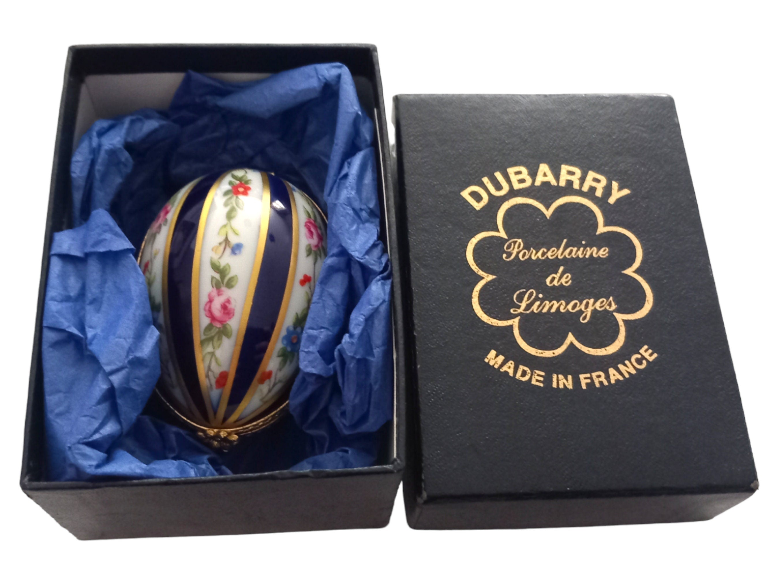 DuBarry Limoges Porcelain Egg Trinket Box: Hand-Painted Flowers, Bleu De Four