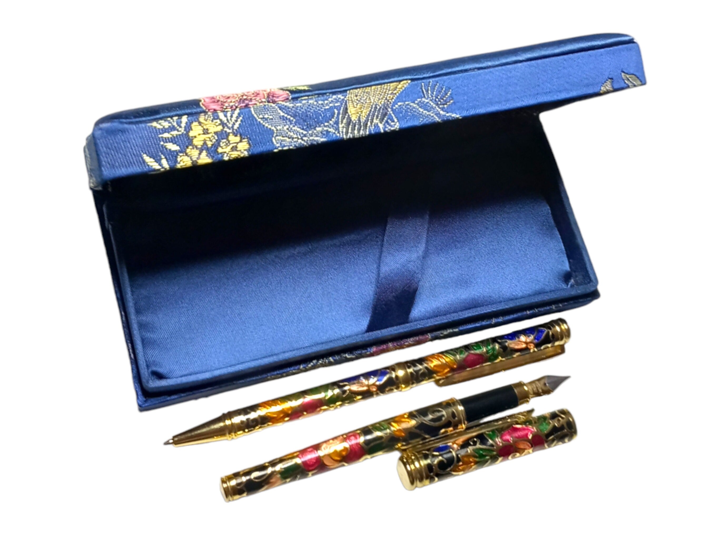 Floral Embroidered Pen Set: Chinese Style Fountain Pen & Ballpoint with Box