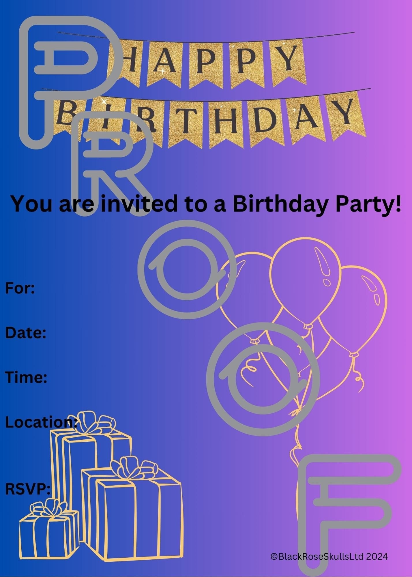 Reusable Birthday Party Invitation: Gold, Blue, Purple (PDF Digital Download)