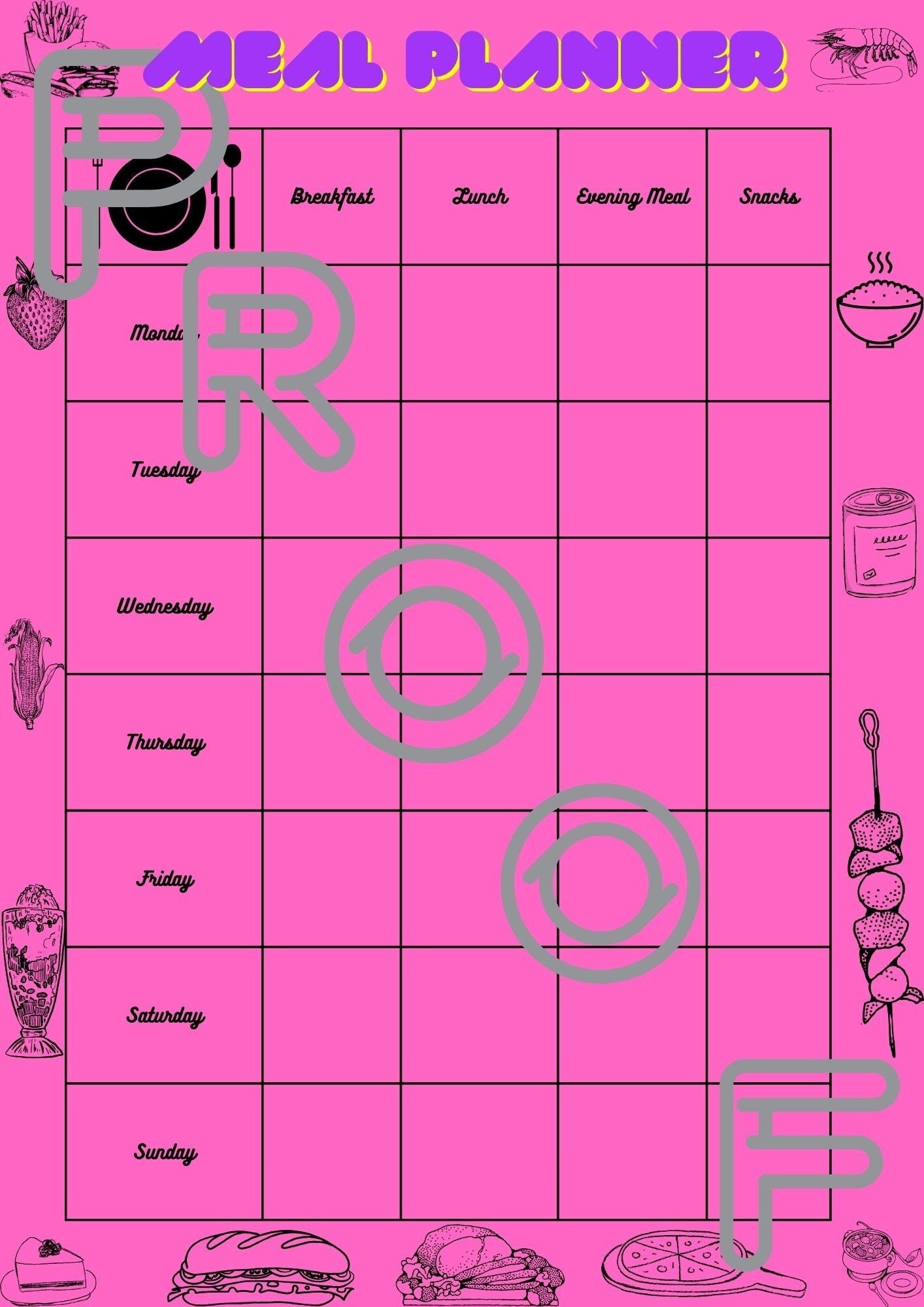 Weekly Meal Planner: Family Budget, Pink Printable Template (PDF Digital Download)