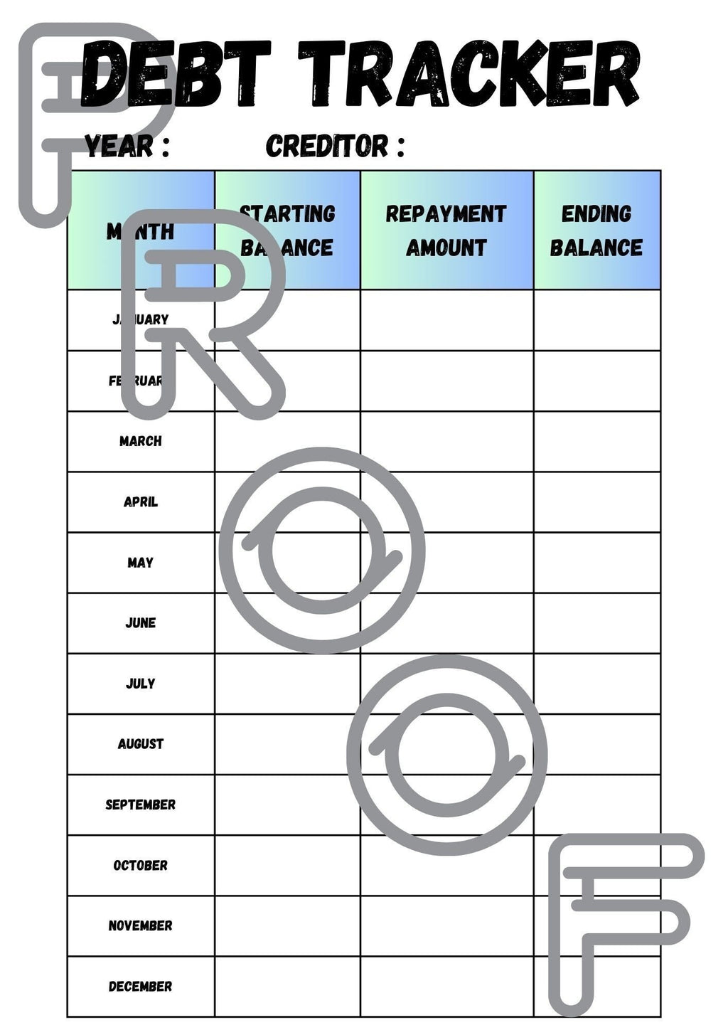 Debt Tracker Printable: Yearly Monthly Repayment Planner (PDF Download) - Design 3