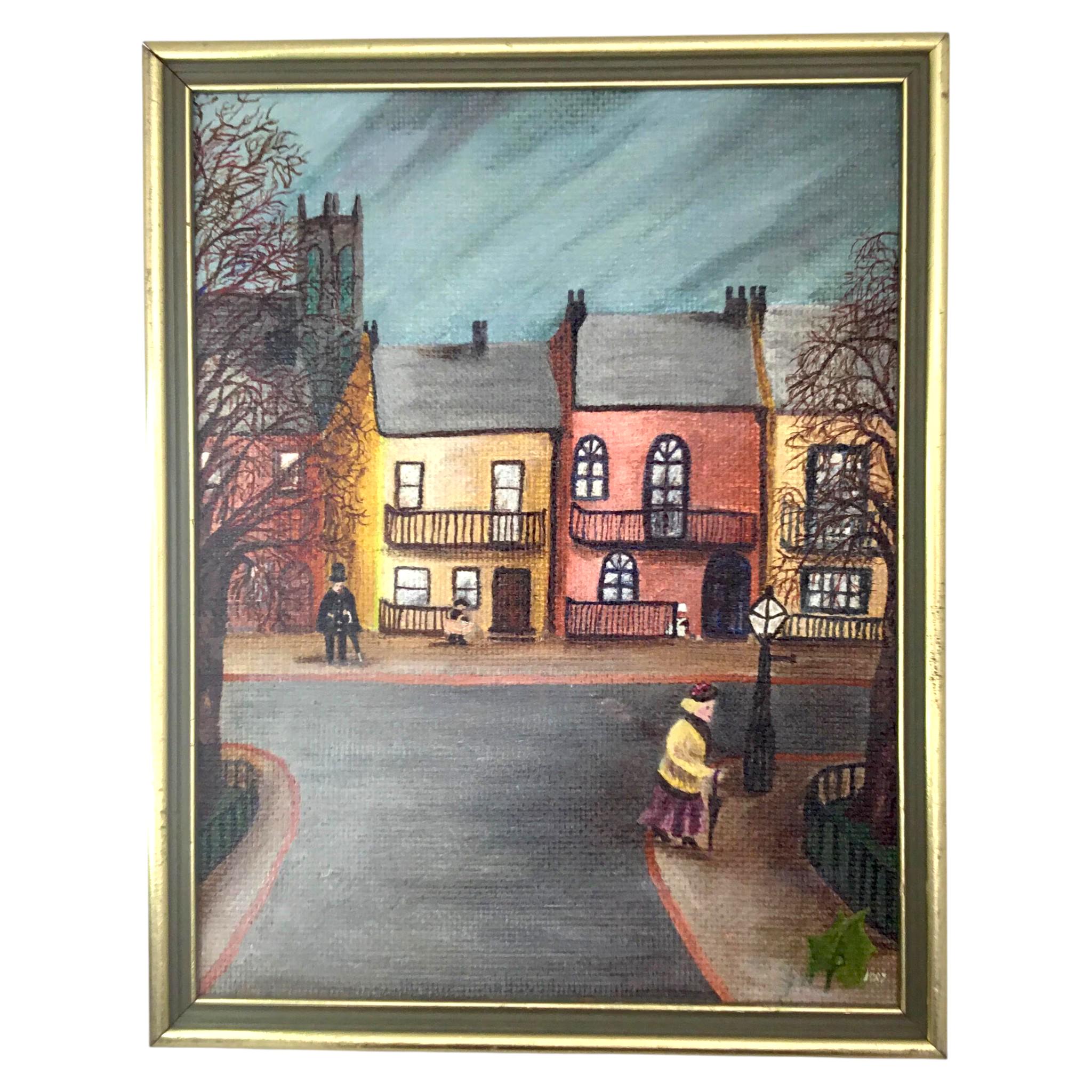Vintage Street Scene Painting: Framed Canvas Art, I. Birmingham, 1987