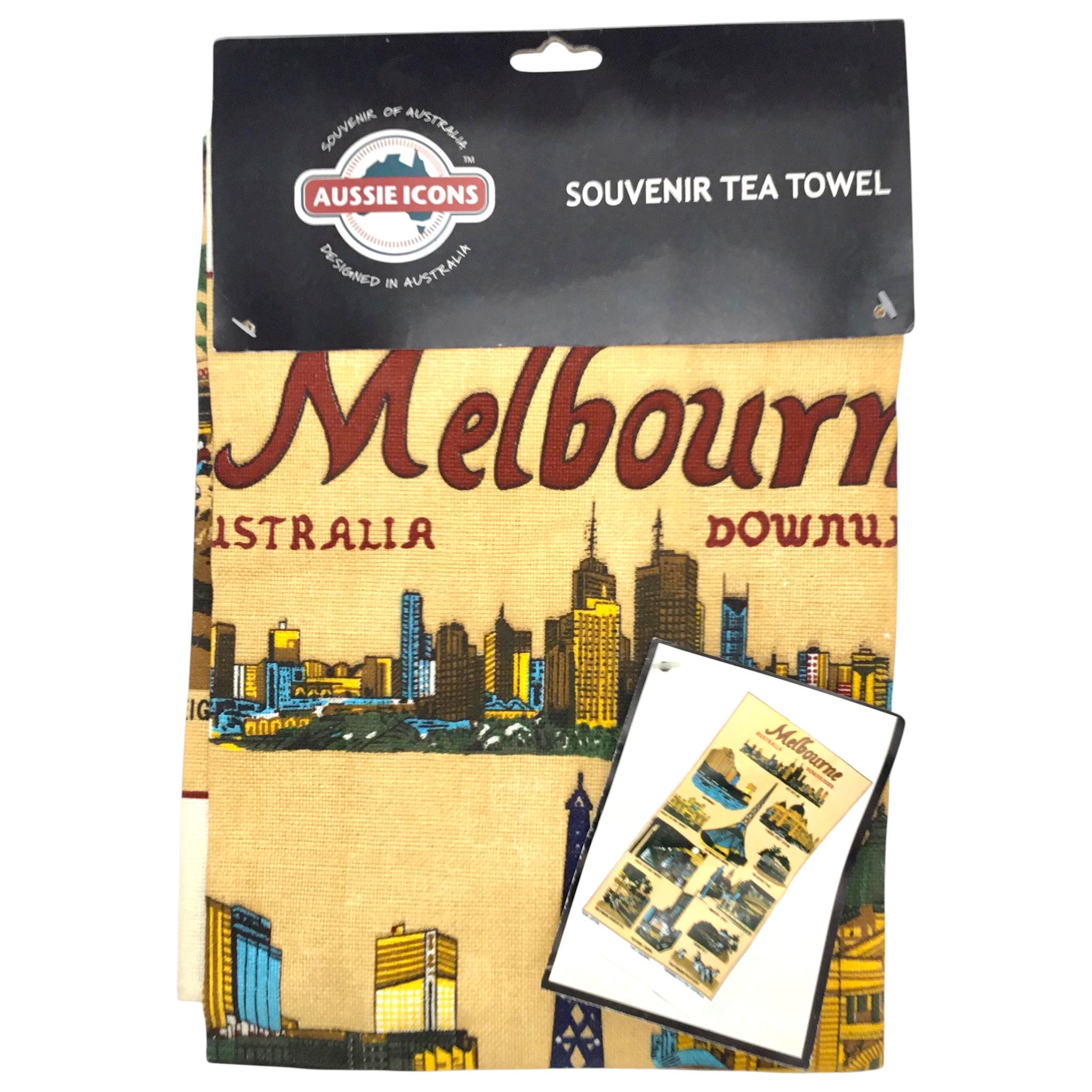 Melbourne Australia Souvenir Tea Towel: Aussie Icons, Classic Landmark Design Vintage