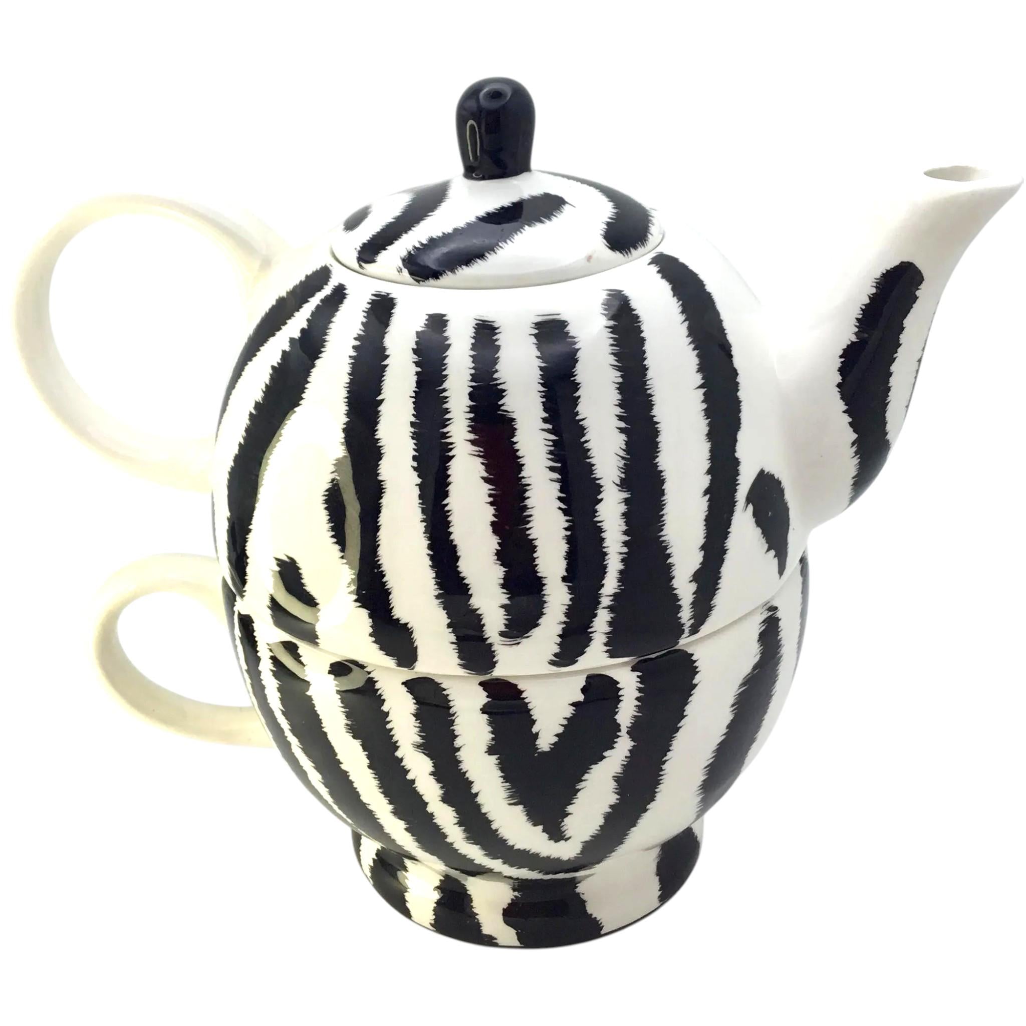 Royal Norfolk Zebra Teapot with Cup: Black & White Stripe Tea for One