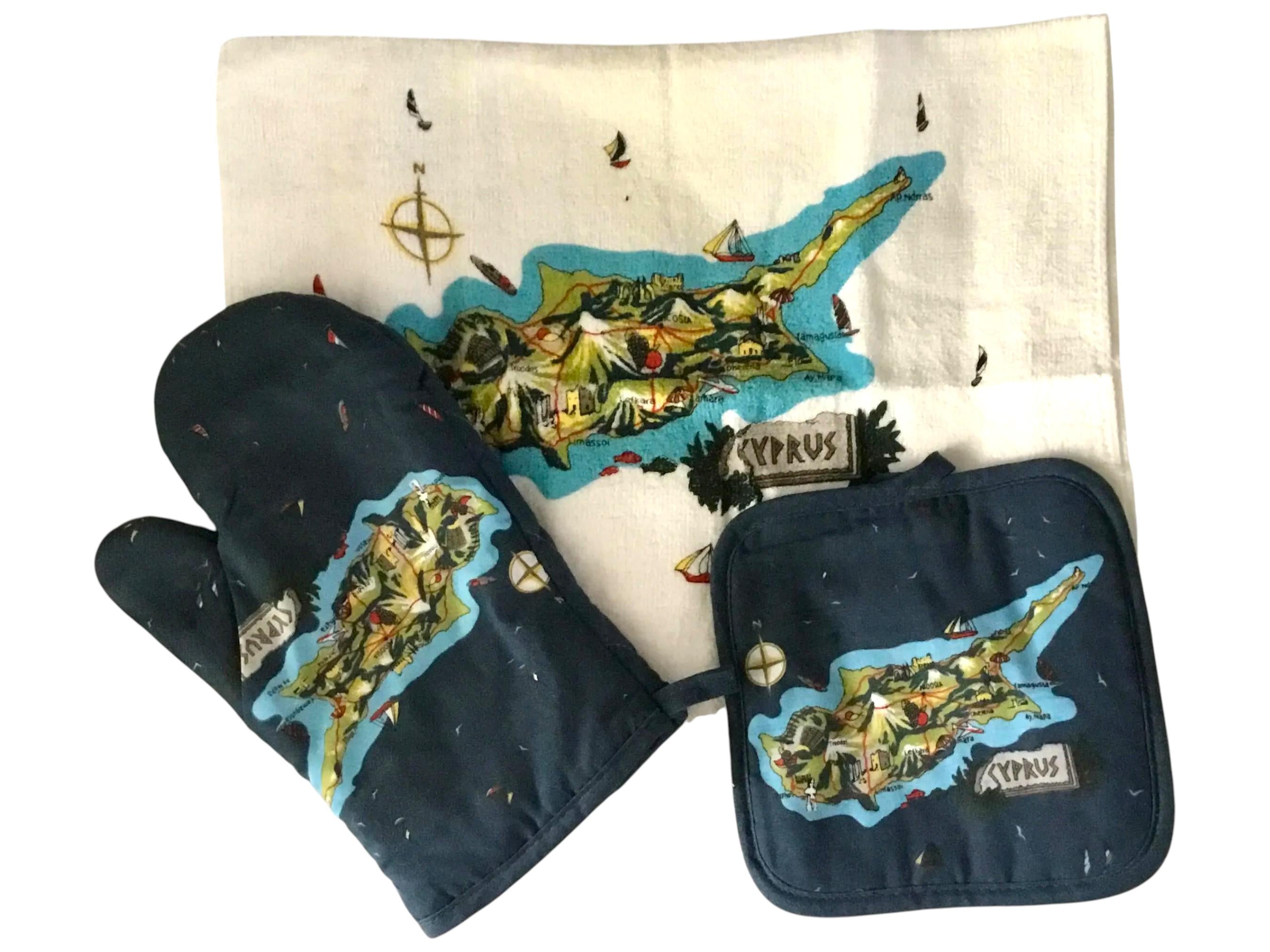 Cyprus Souvenir Kitchen Set: Vintage Oven Mitten, Pot Holder & Tea Towel Collection