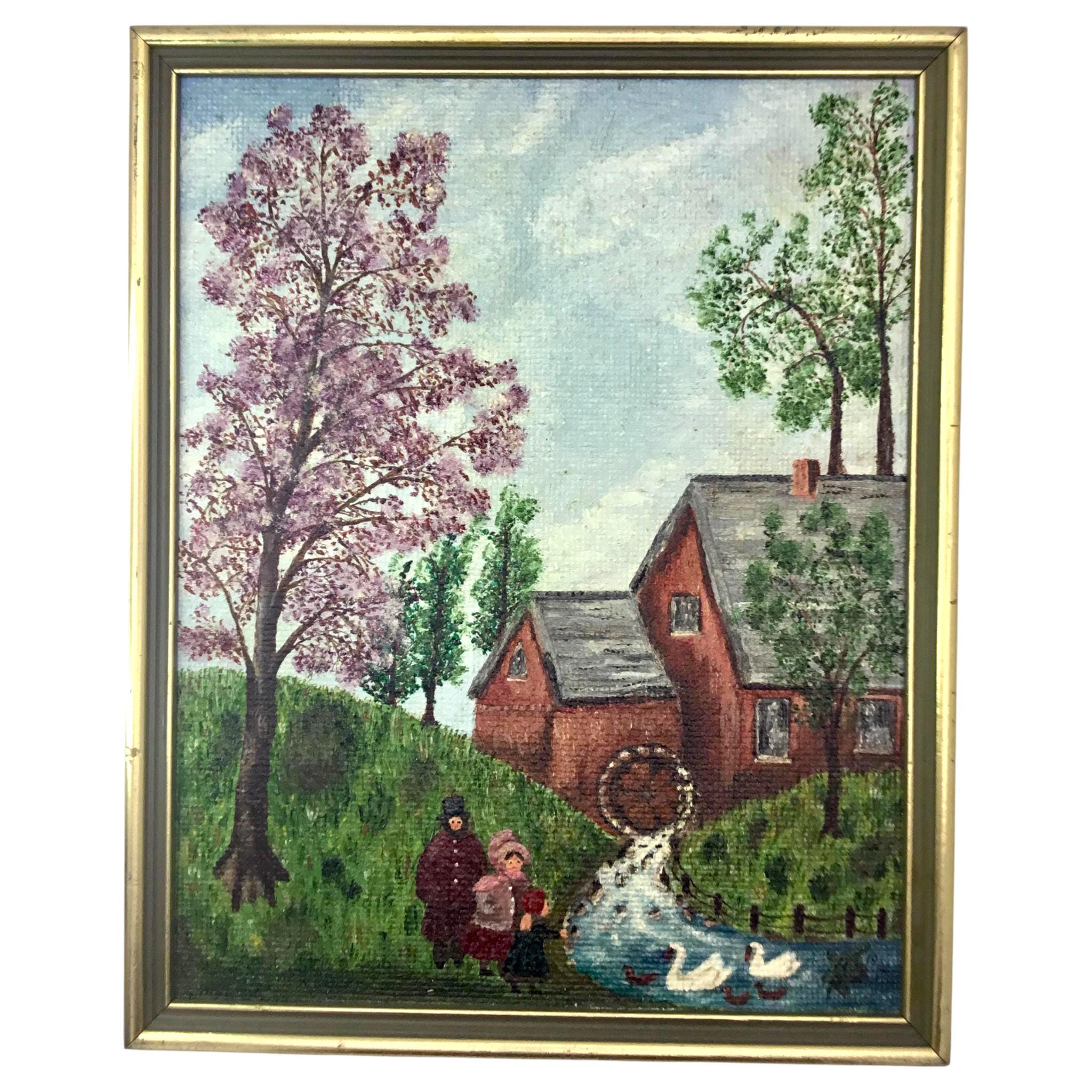 Vintage Watermill Painting: Framed Country Landscape Art, 1987
