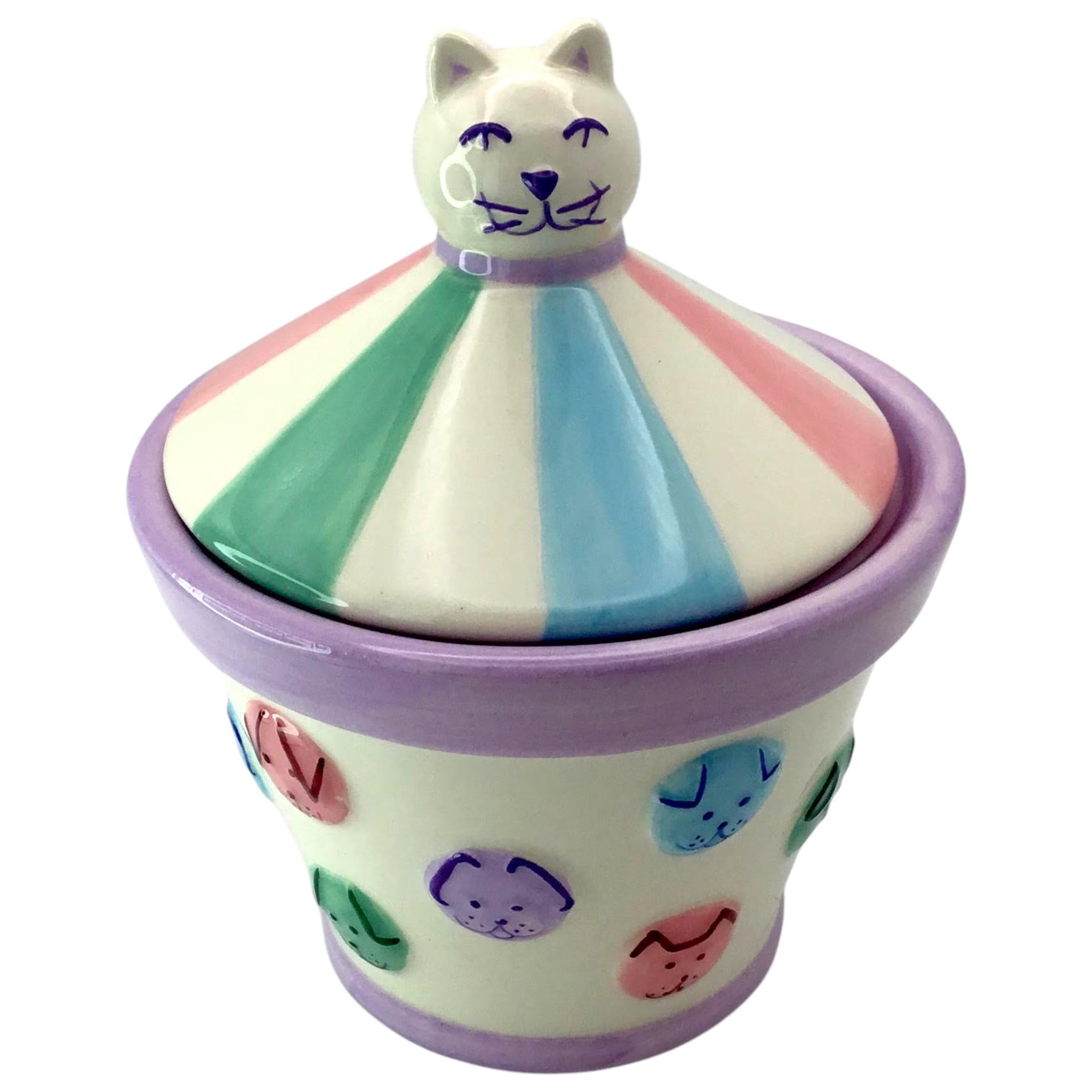 Spotty Dog Sugar Bowl with Cat Lid: Novelty Decorative Pottery