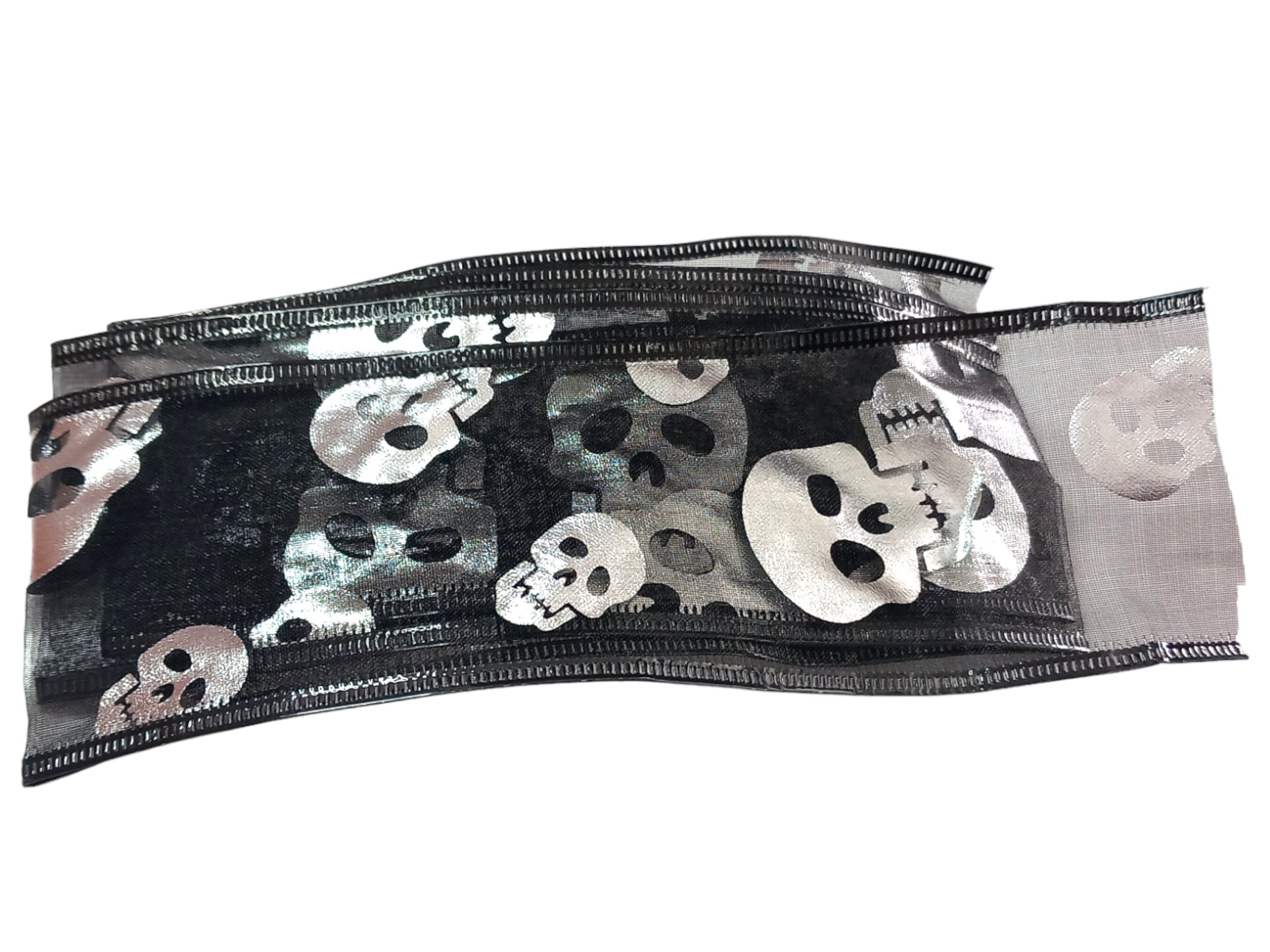 Halloween Wired Organza Black Silver Metallic Skull Ribbon 63mm Wide Craft