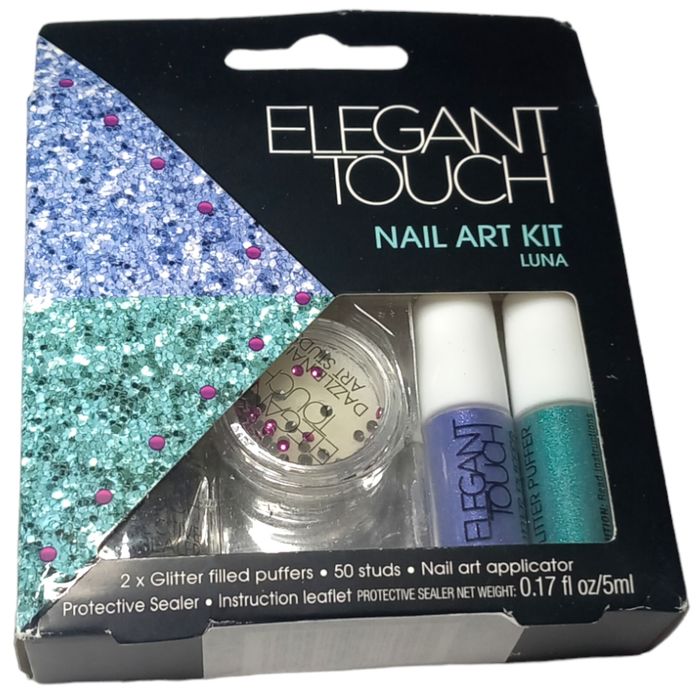 Elegant Touch Nail Art Kit Luna Glitter Studs Sealer Applicator Dazzle Tip