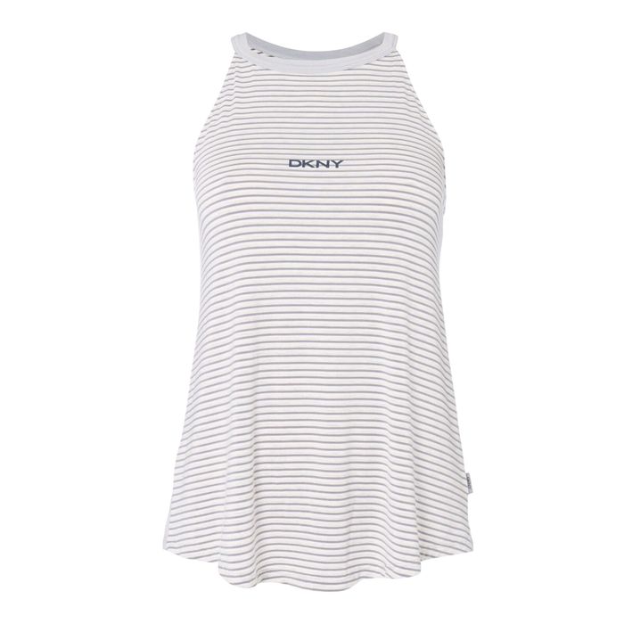 DKNY Logo Tank Top Large White Grey Stripe Genuine Authentic Ladies Women Strap