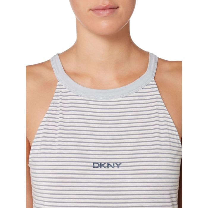DKNY Logo Tank Top Large White Grey Stripe Genuine Authentic Ladies Women Strap