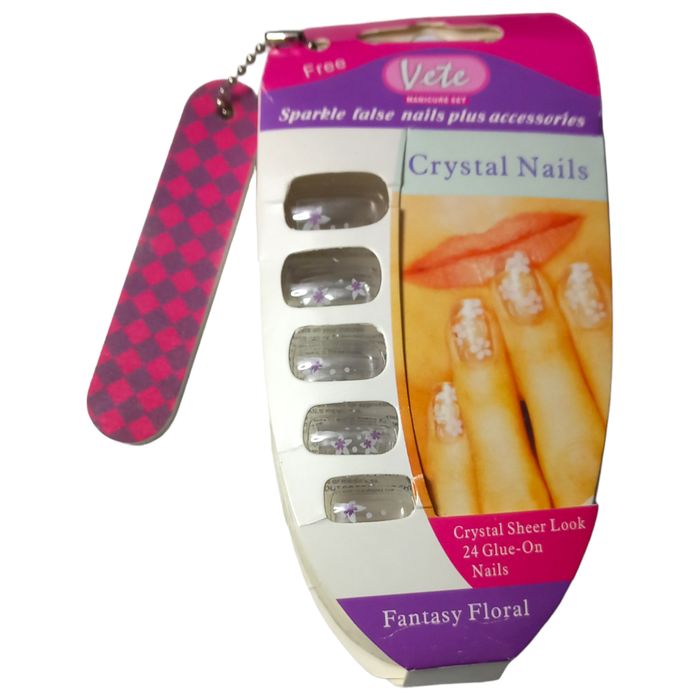 Vete Sparkle Crystal Sheer Look False Nails Fantasy Floral